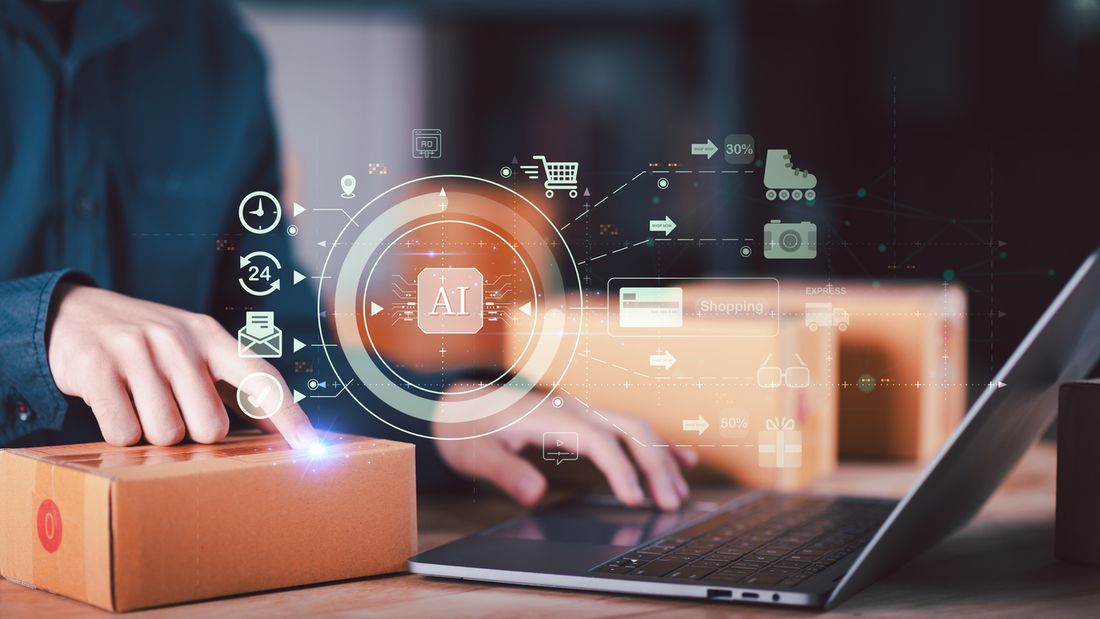 Hands on a parcel and a laptop with AI and online shopping icons overlaid