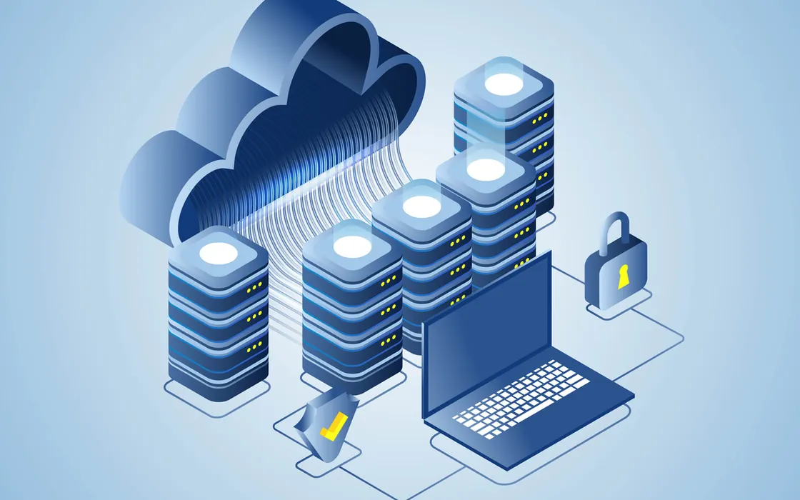 Illustration of cloud and server racks connected to a laptop, protected by a padlock and security shield